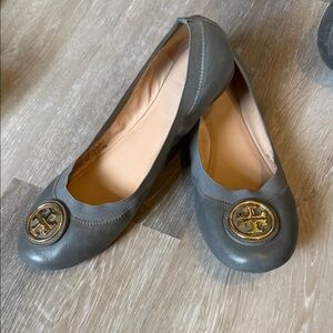 Tory Burch Charcoal Leather Loafers with Gold Emblem